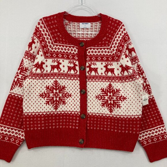 New Old Navy size XL Red White Fair Isle Button Relaxed Cardigan Holiday - Picture 1 of 9